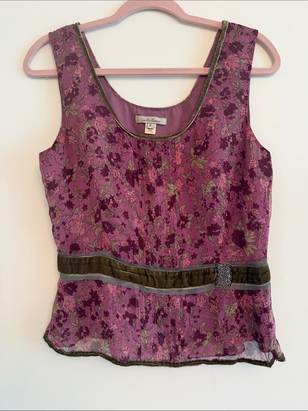 Anthropologie Plum and Olive Floral Tank with Velvet Waist